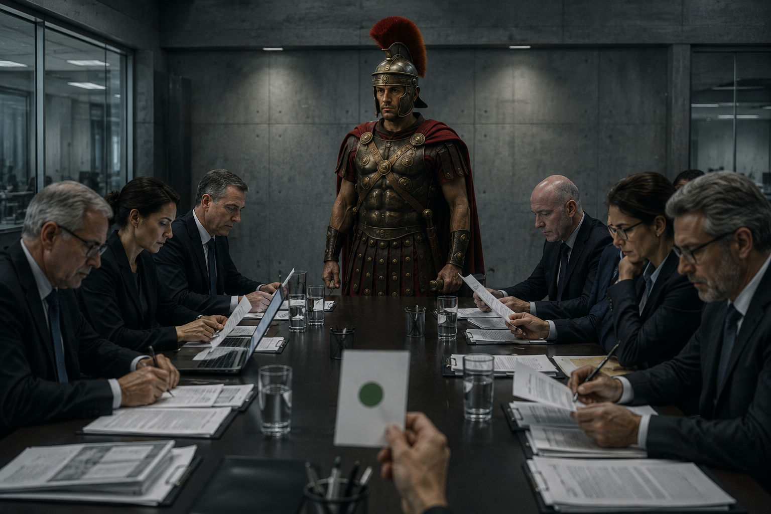 Un centurion romain face à une assemblée de juristes modernes — la décision d'accélérer la mort