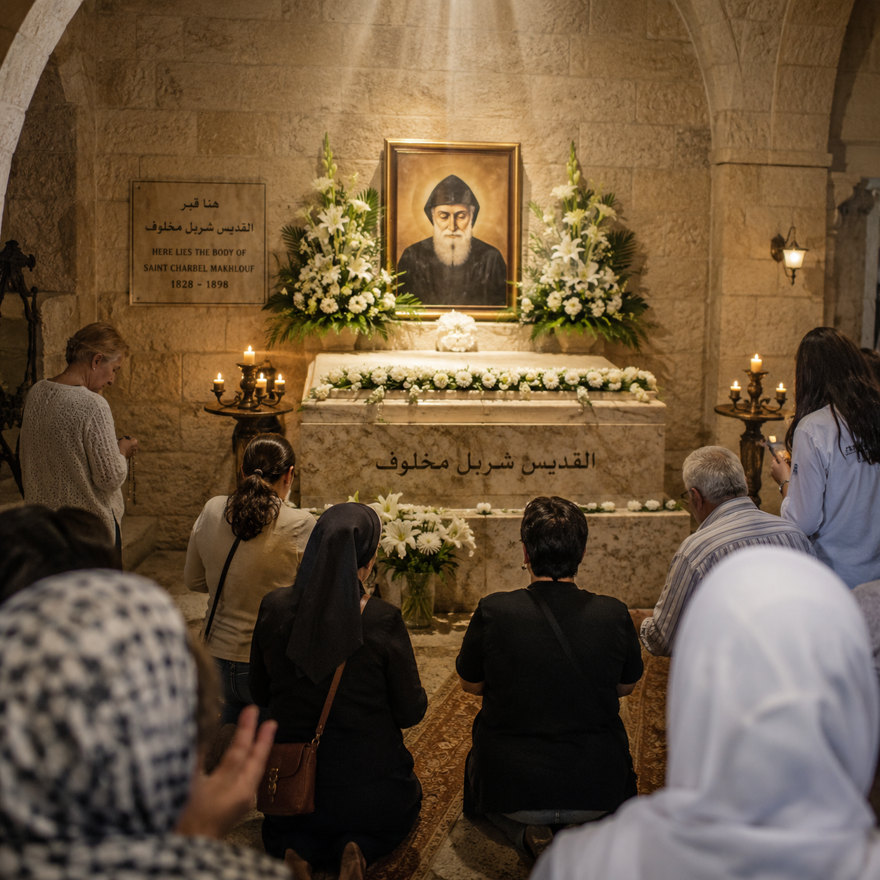 Pèlerins en prière autour du tombeau de saint Charbel