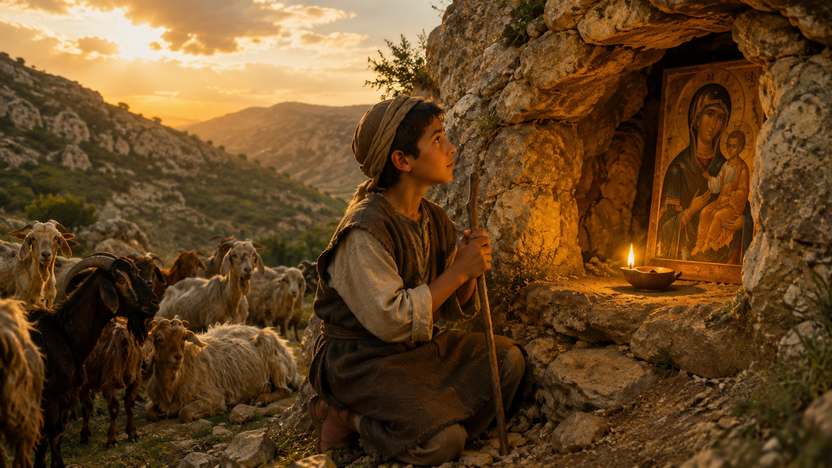 Le jeune Youssef Makhlouf priant devant une grotte avec une icône de la Vierge