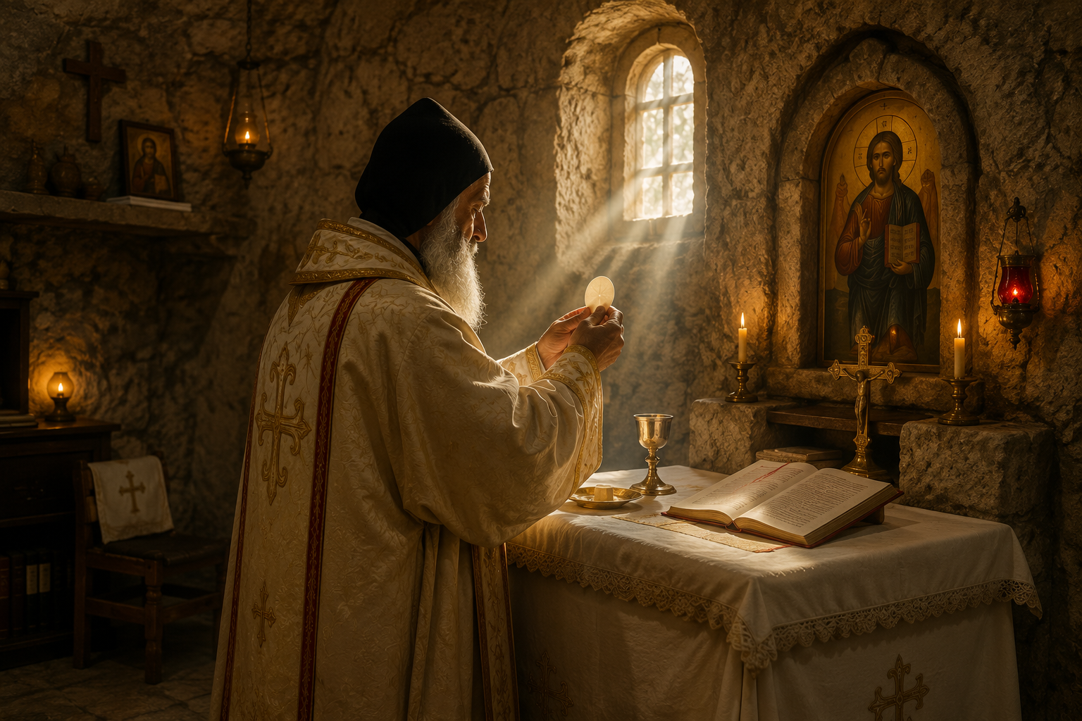 Saint Charbel en prière au pied de l’autel dans son ermitage