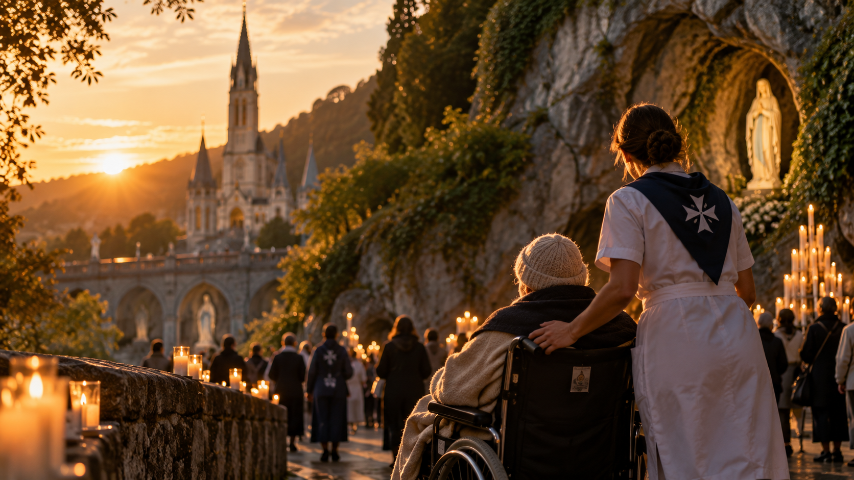 Hospitalier poussant un fauteuil roulant au coucher du soleil, basilique de Lourdes