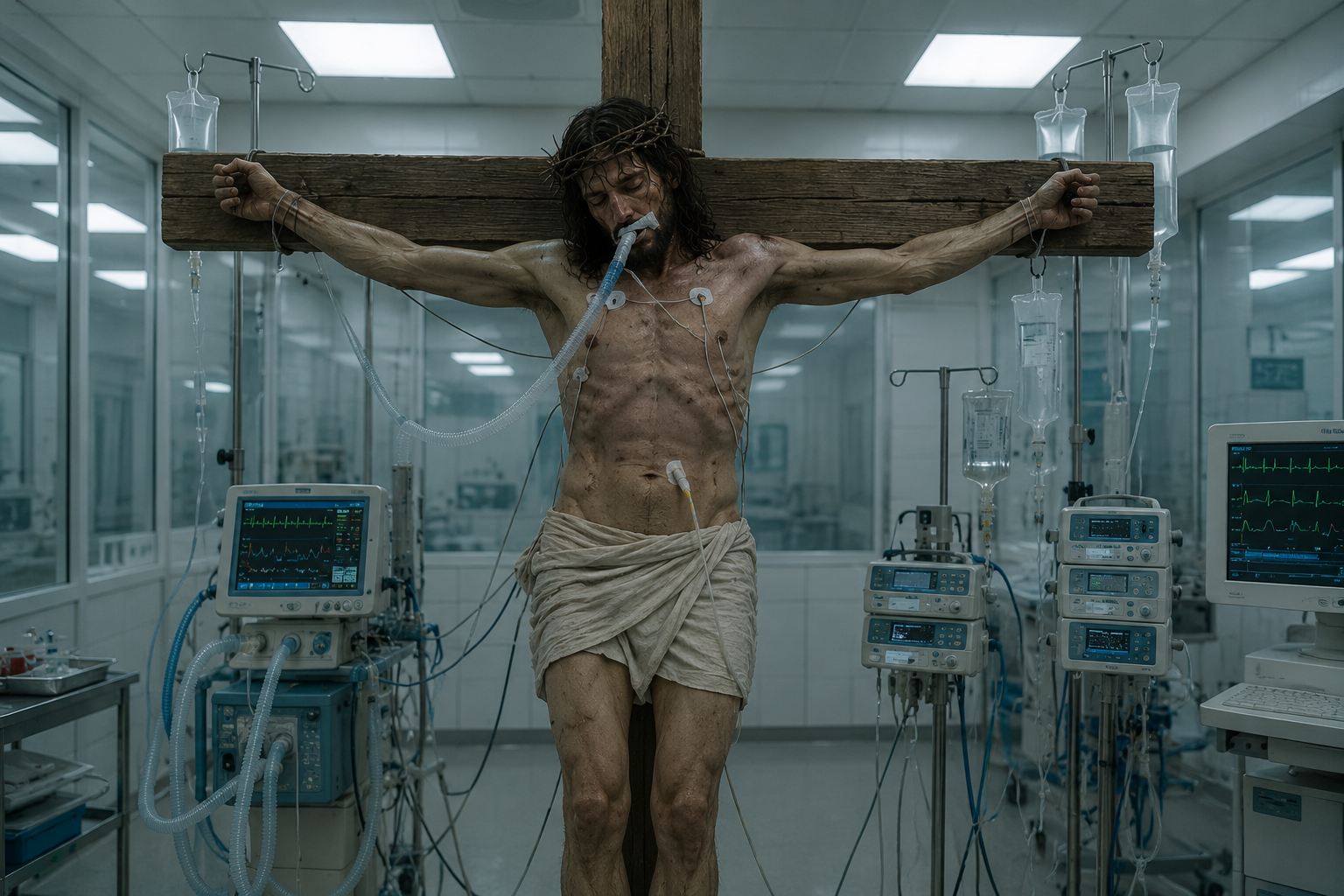 Le Christ en croix dans une salle de réanimation — perfusions, moniteurs cardiaques, ventilation artificielle