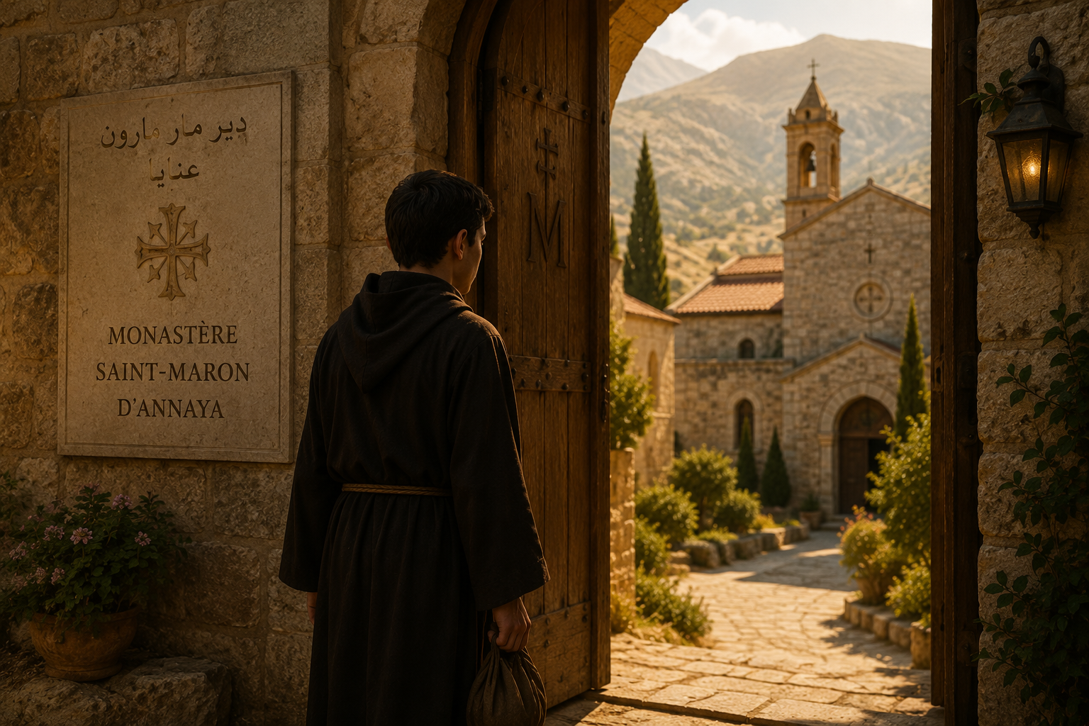 Un jeune moine franchissant la porte du monastère Saint-Maron d’Annaya