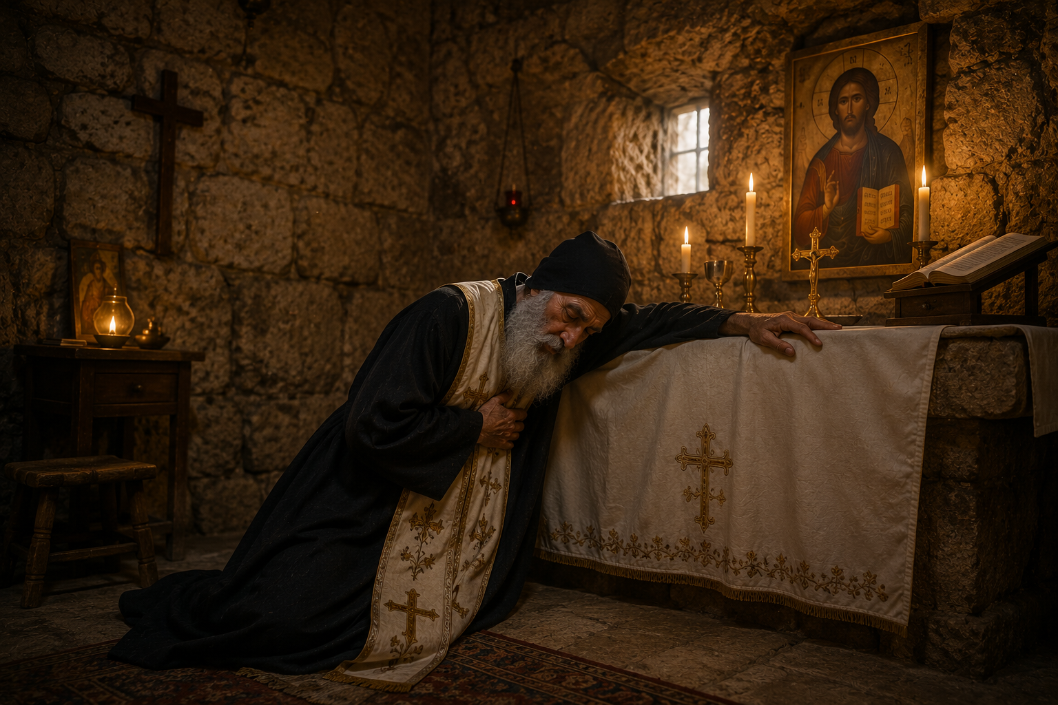 Saint Charbel célébrant la Divine Liturgie dans son ermitage