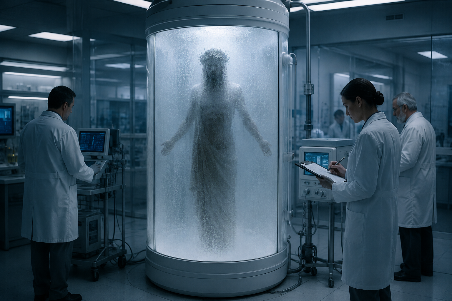 Figure couronnée d'épines dans un caisson cryogénique, entourée de chercheurs en blouses blanches