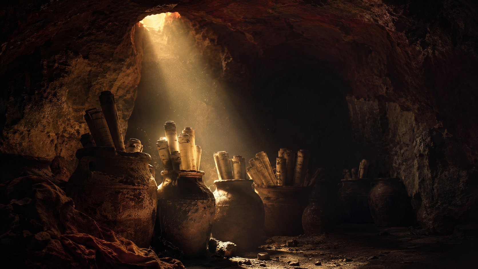 Jarres anciennes contenant des rouleaux dans la pénombre d'une grotte, traversées par un rai de lumière dorée