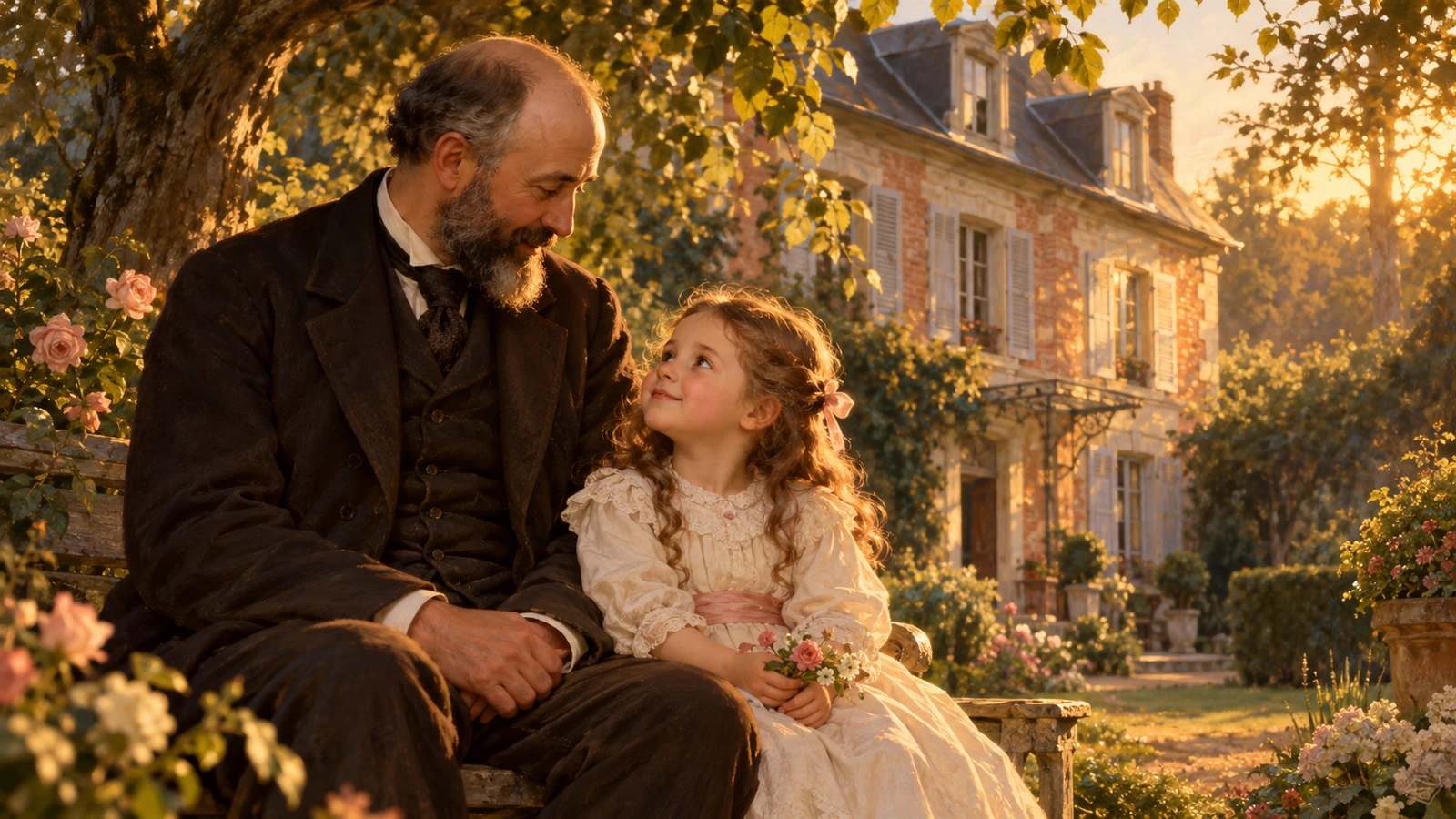 Thérèse enfant dans le jardin des Buissonnets, auprès de son père Louis Martin.