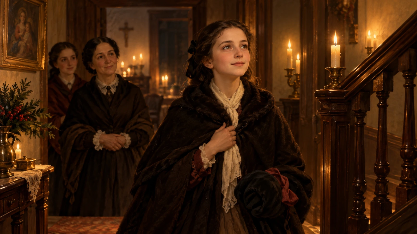 Thérèse adolescente au retour de la messe de minuit, dans la lumière des bougies de Noël.