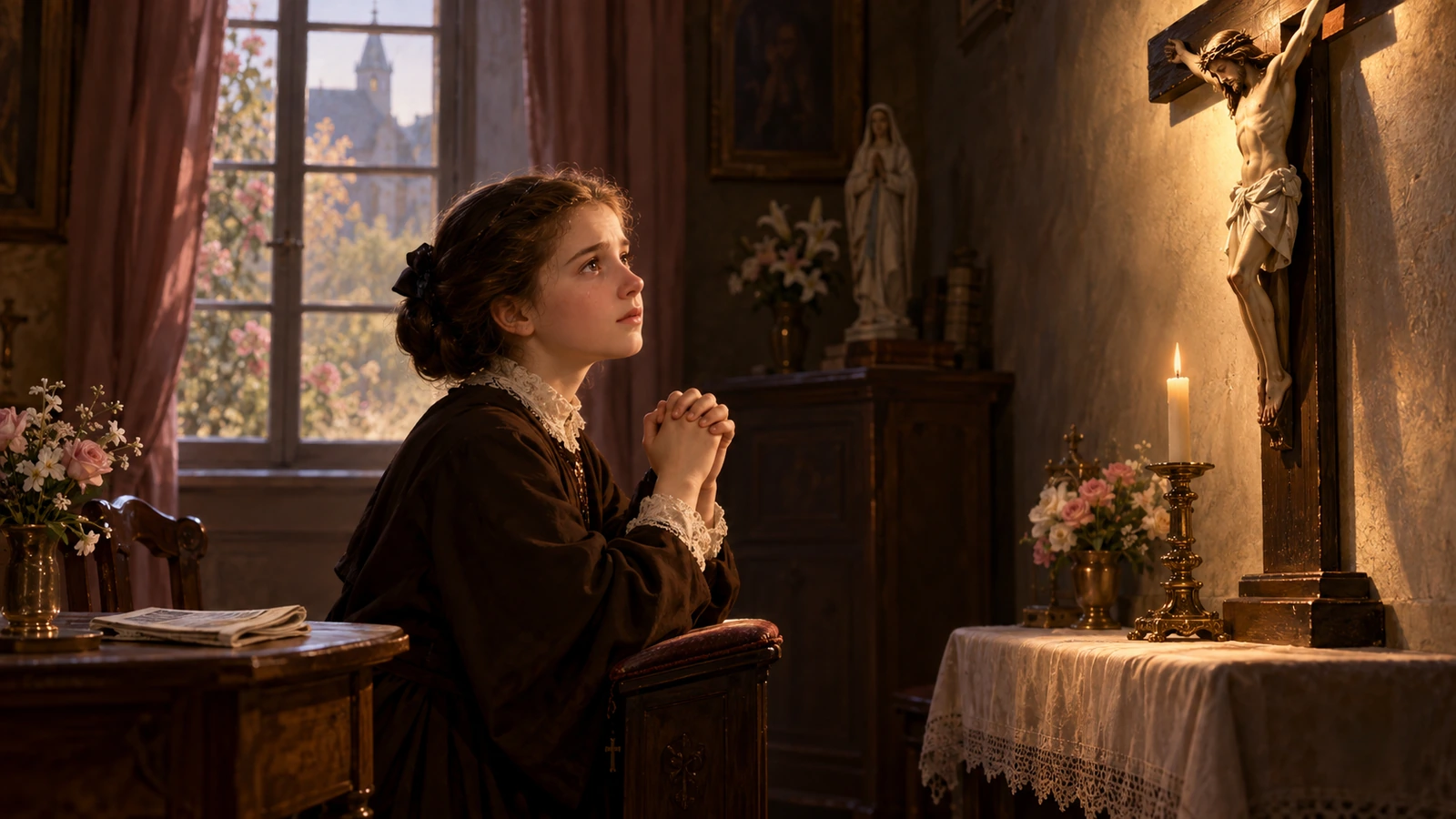Thérèse prie devant un crucifix pour Pranzini, un journal posé près d’elle.