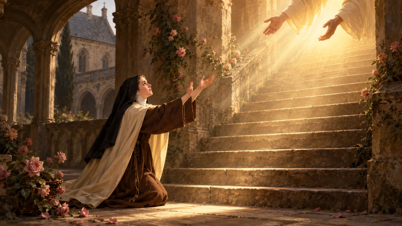 La petite voie : Thérèse au pied d’un escalier tend les mains vers les bras du Christ.