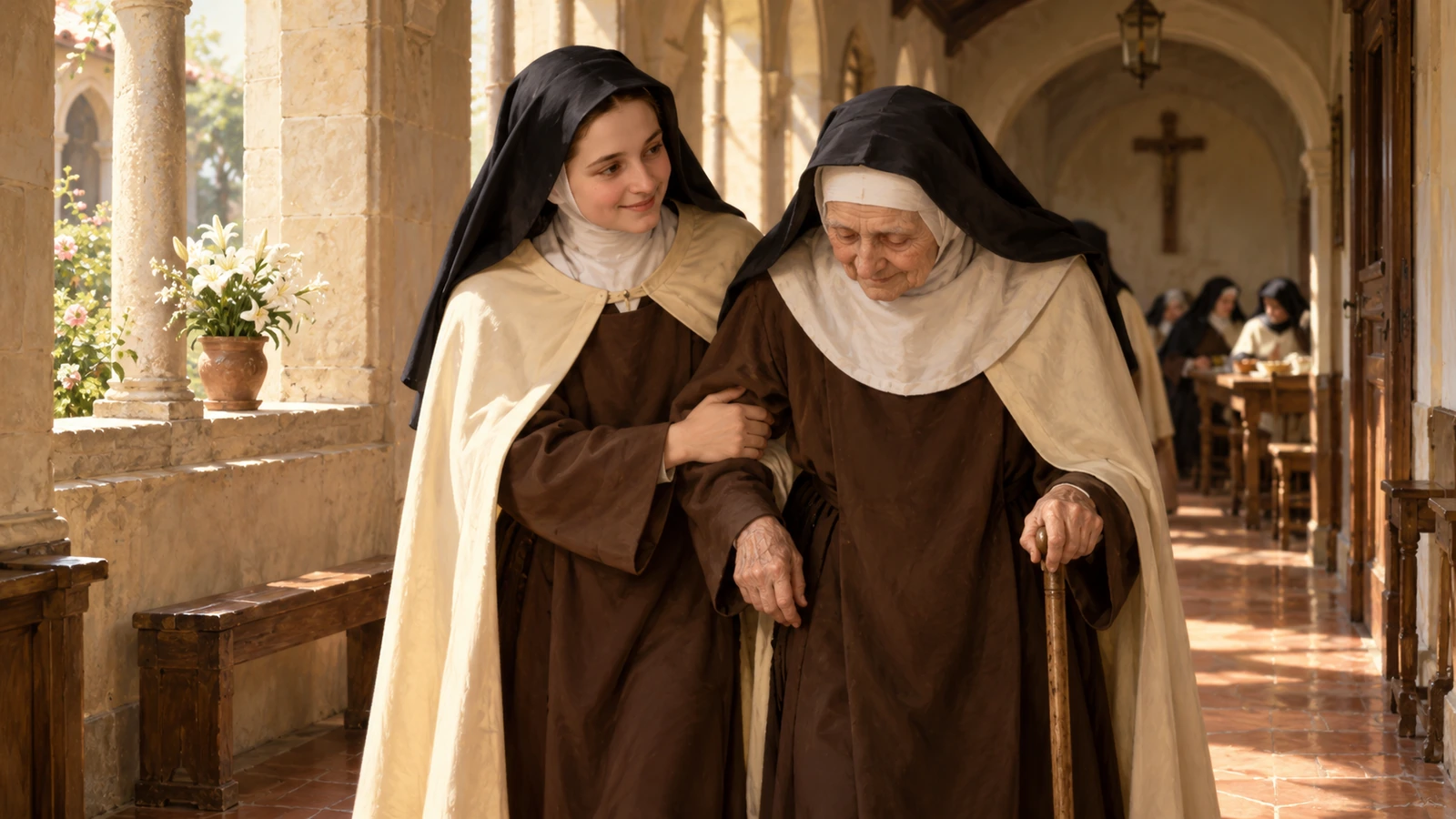 Thérèse soutient une religieuse âgée dans un corridor du Carmel.