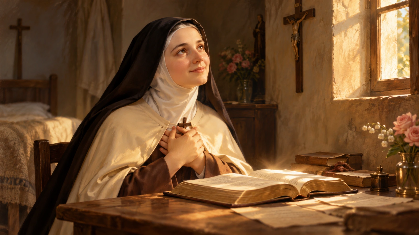 Thérèse dans sa cellule, devant la Bible ouverte, accueille sa vocation à l’amour.