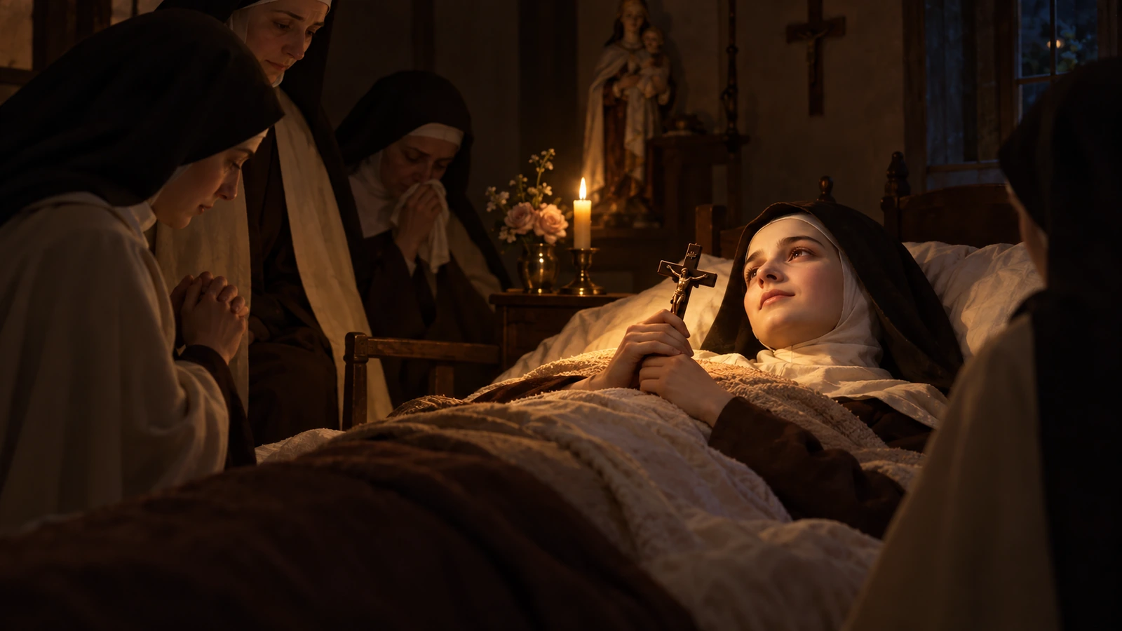 Thérèse à l’infirmerie du Carmel, tenant un crucifix, entourée de ses sœurs en prière.