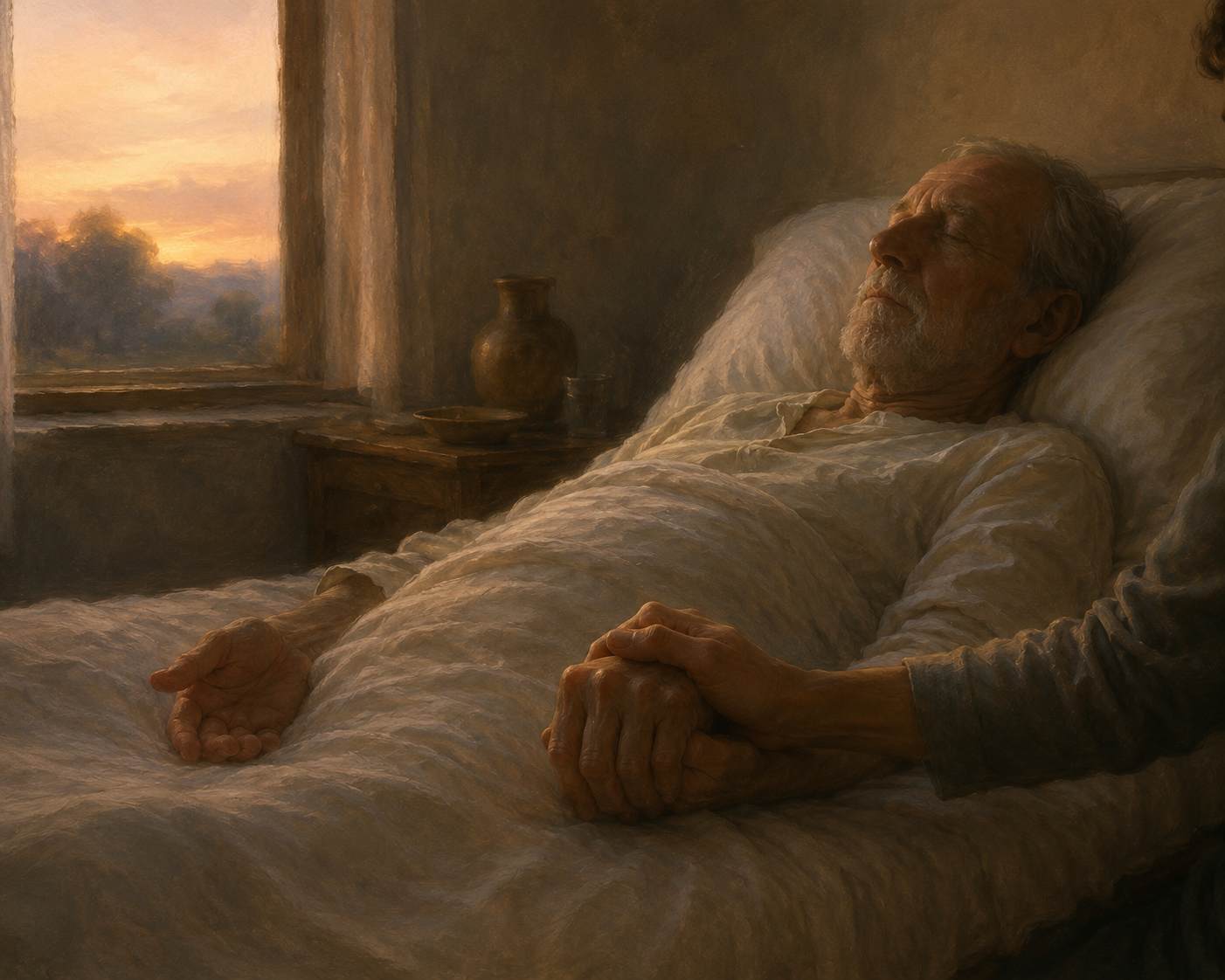 Un homme âgé alité au coucher du soleil, une main tenant la sienne dans l'obscurité apaisée de la chambre